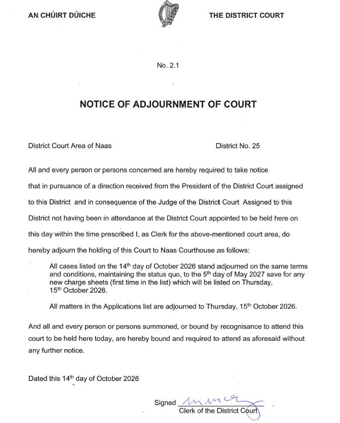 Naas Adjournment Non accessible image of adjournment notice